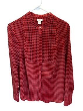 J.Crew L Red Black Gingham Plaid Drapey Tuxedo Blouse E5598